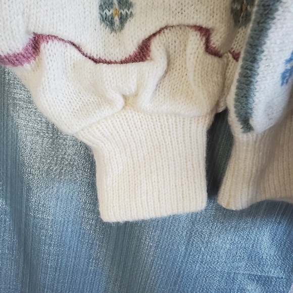 Tulchan 100% Pure New Wool Cardigan Sweater Cream Multicolor Geometric grandma - Picture 9 of 13